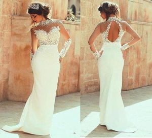 2020 Exquisite Sheer Back Sheath Highneck With Pearls Long Sleeves See Through Floor Length Wedding Dresses Sexy Backless7351087