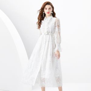 Designer Vintage Lace Bordado Vestido Longo Mulheres Botões Cardigan Vestidos com Mangas Casual Elegante Senhoras Cinto A Linha Cocktail Party Roupas Frocks