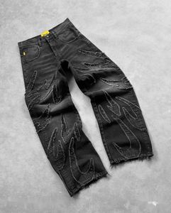 Y2k Retro Black Baggy Jeans for Men Hip Hop Punk Raw Edge Embroidery Vintage Pattern Patchwork High Waisted Denim Pants 240320
