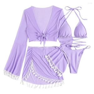 Conjunto de roupa de banho feminina, elegante, 4 peças, biquíni com manga larga, cobertura, sutiã halter, saia de cintura alta, tanga para roupa de praia