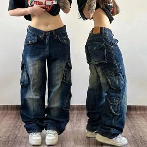 Damen Jeans Y2K Street Dress Retro Harajuku Washed Pants Multi-Pocket Loose Men And Women High Waist Wide