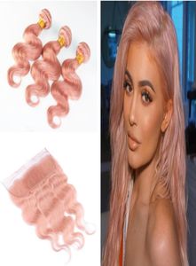 Onda do corpo virgem rosa pacotes de cabelo com fechamento frontal cor rosa onda do corpo extensão da trama do cabelo com orelha a orelha frontal 13x45991305