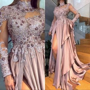 Appliques Beaded Long Sleeves Prom Dresses Sexy High Neck Dusty Pink Split Formal Evening Gowns Party Dress Customize Size