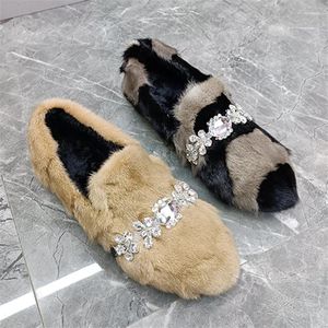 Casual Shoes 2024 Women Flats Slip-on Winter Warm Loafers Real Plush Espadrilles Lady Driving Platform Moccasins Crystal