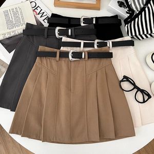 Spódnice Streetwear Kobiety Pasek A-line Folds wysoki talia stały kolor plisowany w stylu koreański anty-uwarty mini spódnica letnia kropla