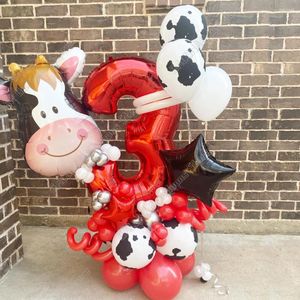 Decoração de festa 25 pcs fazenda animal tema vaca balão torre conjunto 30 polegadas número vermelho crianças feliz aniversário fornecimento