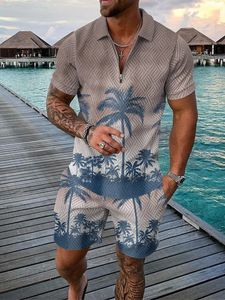 Elemento de praia de verão 3D Imprimir Mens Sweatsuit Set Casual Zipper Collar Polo Shirt e Shorts 2pcs Define Moda Homem Roupas 240312