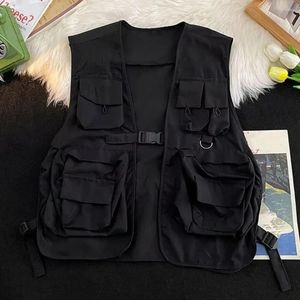 Gilet da uomo Gilet da uomo Streetwear Cargo con multi tasche Chiusura con fibbia per donna Gilet senza maniche stile Hop