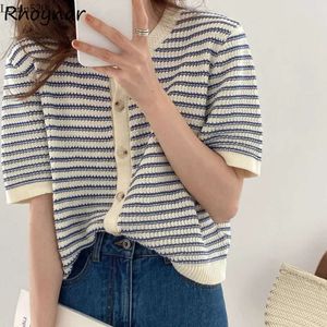 Kvinnors stickor Tees Cardigan Women Summer Breattable Elegant Randig Trendy Single Breasted Short Sleeve Stickers Jumpers Kvinna O-hals Tender BF 221123