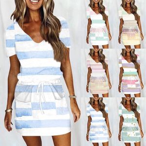 Casual Dresses Summer For Women Short Sleeve Beach Mini Sundress Flowy Dress med fickor överdimensionerad elegant semester