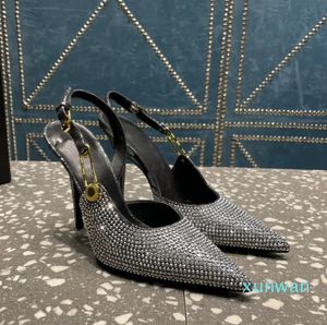 Safety Pin Crystal-embellished Rhinestones Pumps Shoes Sky-high Heels Pointed Toe Sandals Women's Designers Slingback Dress Shoe Evening pointed toe heels