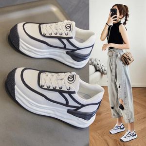 Sapatos casuais 2024ss primavera verão couro interior alto baixo estudantes maré mulheres atadas fundo grosso pequeno branco feminino