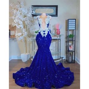 Blu scintillante Royal Sirena Prom Strass di cristallo Abito da festa di laurea Abiti da sera Robe De Bal