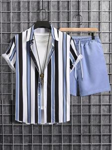 Herrespår Summer Men Women Shirt Set 3D Print Retro Stripes Kort ärm Casual överdimensionerad strandshorts Hawaiian Man passar kläder