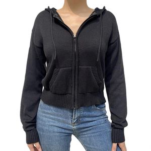 Kvinnors fulla zip stickade hoodies casual fast färg långärmad dragkammare tröjor 240313