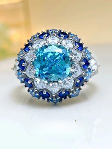 Cluster Rings European och American Sea Blue Treasure Ring 925 Silver Flower Blossom Women's Luxury Sense