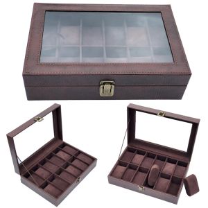 Cases 12 Slots Leather Watch Storage Brown Box Organizer New Men's Women's Watches Display Holder Cases Jewelry Glasses Gifts Boxes