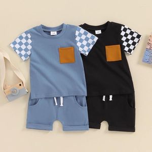 Комплекты одежды для маленьких мальчиков, летняя одежда, футболки с карманами и короткими рукавами в шахматном порядке, топы, шорты на шнурке, наряды