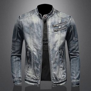 Homens americanos jeans jaqueta o pescoço oversized vintage moto denim casual outwear outono retalhos zíper high street casaco masculino 240309