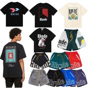 Shorts Rhude Shorts maglietta maschile maschile magliette magliette estate moda di alta qualità collo corto collo corto anti pillolo in stile spiaggia tees lettere stampare abbigliamento sciolto