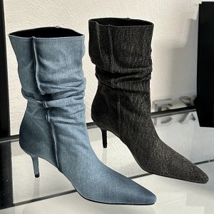 Boots Fashion Denim Ankle Boots For Women Female Heels Footwear Slip On Shoes Pointed Toe Ladies Short Modern Boots With Pumps Shoes