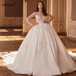 Luxury Sheer Tulle Scoop Full Sleeves Ball Gown Wedding Dress Beaded Sequined Apppliques Lace princess Bridal Gowns coverd With Button