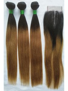 T1b27 ombre cabelo brasileiro tecer pacotes com fechamento loira em linha reta cabelo humano 3 pacote com 4x4 parte do meio fechamento de renda não r3268133