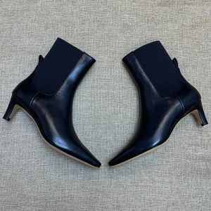 Stövlar 2022 Autumn New Real Leather Ladies Black Minimalist Point Toe Socks Shoes Lowheeled Ankel Boots Women