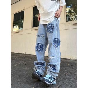 American Style Washed Jeans with Distressed Patches Embroidered on Street Men's Instagram Trend