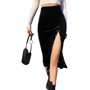 Юбки с высокой талией и разрезом, стильная сексуальная тонкая металлическая декоративная бархатная женская модная однотонная юбка средней длины