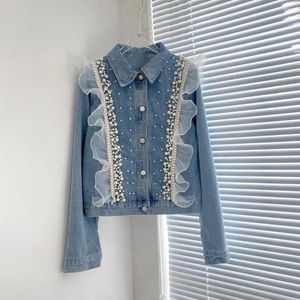 Kvinnors blusar 2024 Spring Shirt Denim T-shirt Lady Elegant Pearl Lace Design Loose Exquisite Jacket-shirt