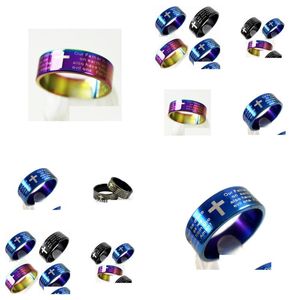 Band Rings Bk Lots 100Pcs English Lords Prayer Cross Stainless Steel 3 Colors Mix Wholesale Mens Fashion Jewelry Drop Deliver Dhgarden Dhzes