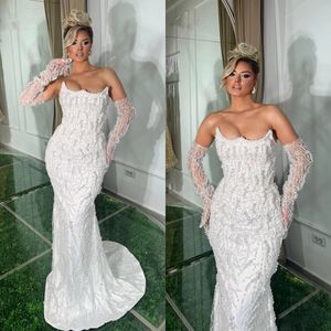 Exquisite Strapless Wedding Dresses Pearls Mermaid Bridal Gowns Sequins Lace Up Slim Custom Made Sleeveless Vestidos De Novia