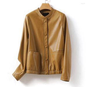 Women's Leather 2024 Spring Autumn Real Sheep Short Jackets Casual O-neck Covered Button Ladies Slim Sheepskin Coats