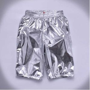 Men's Shorts Mens loose silver shorts mens casual shiny jogging sweater mens motorcycle metal shorts A9051 J240322