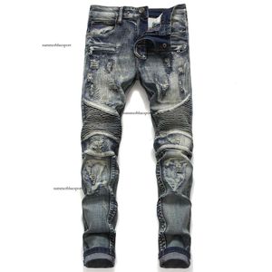 Trendy Long Pants with Creased and Torn Holes, Elastic Small Straight Tube Mid Waist Men's Motorcycle Jeans
