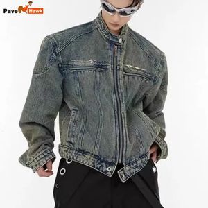 Mens Denim Jacket Metal Design Distressed Washed Cropped Jean Jackets Hip Hop Streetwear Zipper Casual Outerwear American Style 240311