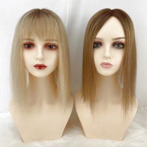 Pony Braun Blond Ombre Remy Echthaar Frauen Topper mit Fransen #4/60 Zweifarbige feine Haarteile Overlay Air Bangs 14 Zoll 4X5,5 Zoll