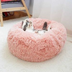 Kattbäddar möbler mjuk hund och kattmadrass lång plysch bo cirkulär kudde husdjur valp fluffig korg soffa varma donuts fluffiga hundhus leveranser y240322