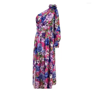 Casual Dresses A-Line Evening Gown Dress Elegant One Shoulder Floral Print Maxi med sidodelad hem veckad detalj för fester