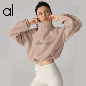 2024SS AL Yoga Micro jaqueta recortada suéter de pelúcia feminino com gola simulada solta com zíper completo moletom de corrida engrossado e quente casacos curtos de lã Oli