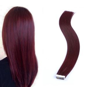 Extensões de fita vermelha de vinho em remy, cabelo humano, fita reta em extensões de cabelo, fita de trama de pele sem costura em extensões de cabelo humano