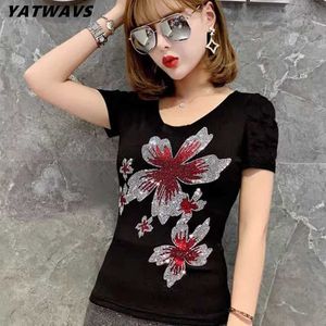 Women's T-Shirt 2024 Summer Fashion Korean T-shirt Sexy Flower Set Diamond Womens Top Womens Short sleeved Shoulder Mesh T-shirt 240322