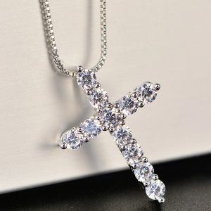 Zirconia Cross Crystal Pendant 14K White Gold Necklace Silver Color Box Chain Female Choker Necklaces Fashion Jewelry Gifts For Women Girls