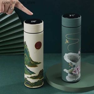 Mugs 450ml Chinese style intelligent hot water bottle LED touch screen stainless steel vacuum flame cup water bottle Q240322
