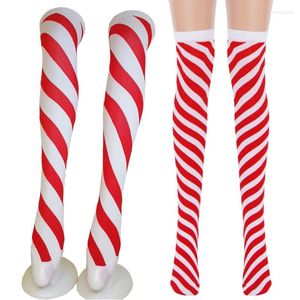 Women Socks Christmas Candy Cane Thigh High Red White Striped Over Knee Stocking