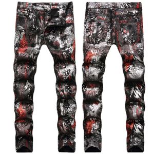 Mainstream mode pu jeans mäns personlighet leopard mönster färgad tryck graffiti smal passform långa byxor trend