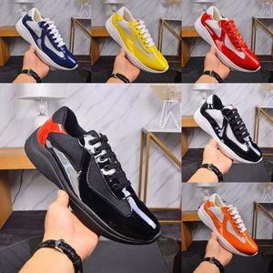 Sapatos de desenhista Homens Americas Cup Sneakers Couro Trainer Patente Plana Preto Azul Malha Nylon Sapatos Casuais