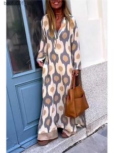 Basic Casual Dresses Womens geometric printed split style long dress 2024 autumn waist tied V-neck long sleeved dress Womens holiday beach bohemian dress Q240322