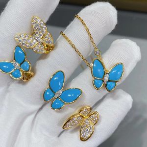 Luxury Brand butterfly designer Earrings Necklace Rings Jewelry Sets 18k gold blue Rhinestone asymmetric ear rings necklaces ring Top Grade Women Girl Jewelry Gift